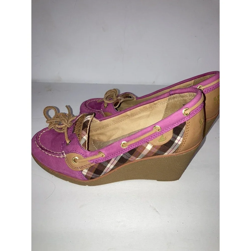 Sperry Top-Sider  Goldfish Wedge Heel Pink Plaid 9518747 Women Sz 7M